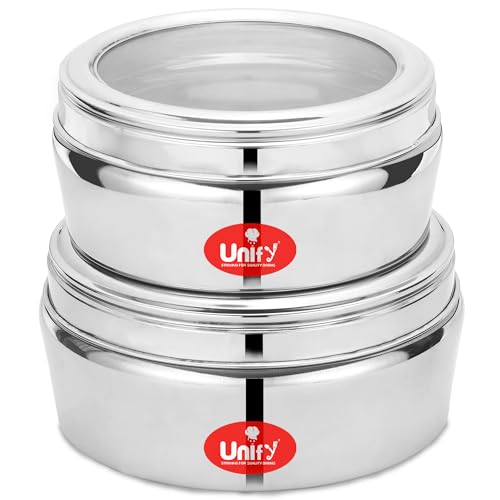 Image of Unify 2 Pieces Stainless Steel Flat Storage Container Set with See-Through Lid | (1 Ltr & 1.2 Ltr) | Puri Dabba | Airtight Multipurpose Kitchen Canisters