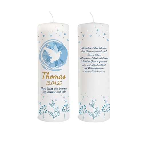 Vela bautizo individual con nombre como decoración de mesa. Decoración de mesa, bautizo, regalo, personalizable. Vela cariñosa paz, animales, paloma, flores, fe, duración: 35 horas, diámetro 6,8 x