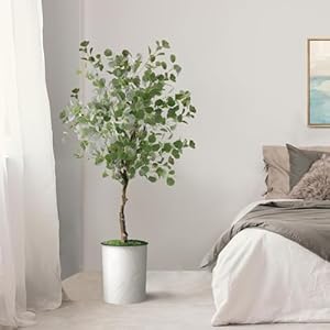 Artificial tree in white marble effect planter fake eucalyptus silk tree for indoor and outdoor home decoration 57 overall tall plant pot plus tree  urban country home decor