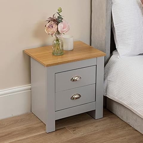 Abreo Modern Bedside Table Bedroom Furniture in Grey White or Charcoal with Oak Effect Top (Grey) Cover