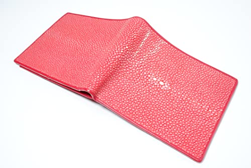 Genuine Polished Stingray Shagreen Skin Leather Bifold Wallet (Carrmine Red)2