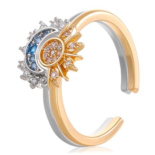 KOLZEMV 2 Stück ringeRing Set Sonne ringe Und Der Mond Freundschaftsringe Gold Ringe freundschaftsringe mit Cubic Zirconia Silber Verstellbar Offene Promise Matching Rings Für Damen Frauen