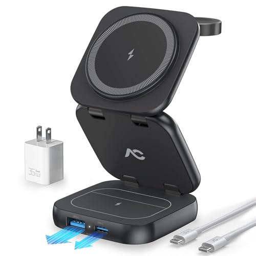 AC ISLAND ワイヤレス充電器 5in1 MagSafeスタンド 折りたたみ式 急速充電 最大15W出力 置くだけ充電対応・5台同時充電 アルミ合金製 卓上&旅行用 iPhone17/16/15/14/13/12シリーズ対応 AirPods/アップル