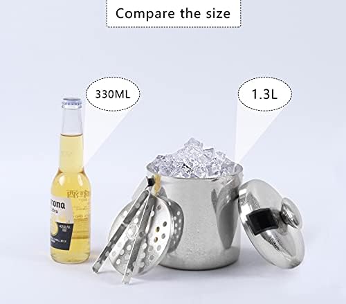 Ice Bucket, Stainless Steel Double-Layer Thermal Insulation Ice Bucket, Thick Ice Bucket, Including Ice Bucket, Tongs, Lid, Ice Barrier, Long-Lasting Cold Storage for Wine, Beer, etc-1.3L
