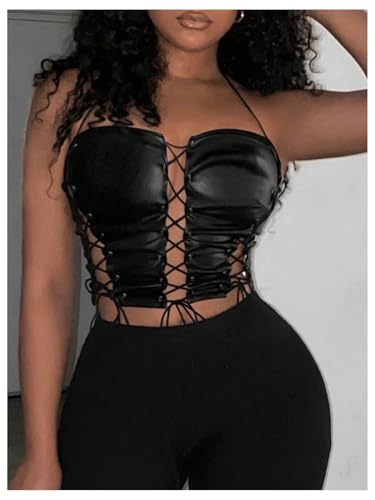 WDIRARA Women's PU Leather Lace Up Halter Top Sleeveless Tie Backless Crop Tops Party Clubwear4