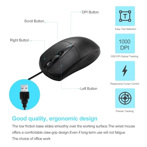 Mouse con cable USB de 1000 DPI negro y silencioso para computadoras 3