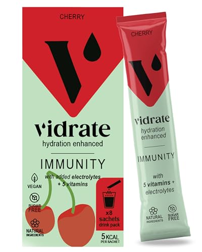 Vidrate Electrolytes Powder - Hydration Sachets Packed with Vitamins - Zero Sugar Rehydration Sachet with No Artificial Sweeteners & Preservatives - Cherry 8 Electrolytes Sachets