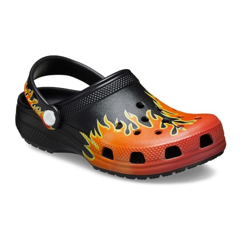 Image of Crocs Unisex Classic Clogs with Patterns and Graphics (Little Kid /Big Kid) Black /Multi Flames 11 Medium