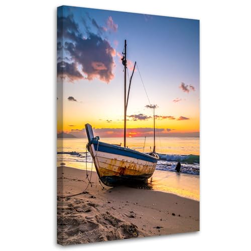 Feeby - Tableau sur Toile - Decoration Murale Peinture - Bateau plage mer coucher de soleil - 30x45 1partie - Tableaux chambre à coucher - Decoration Chambre...