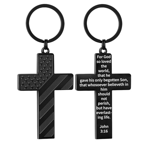 Image of DuoDiner Cross Keychain for Men American Flag Bible Verse Christian Gifts