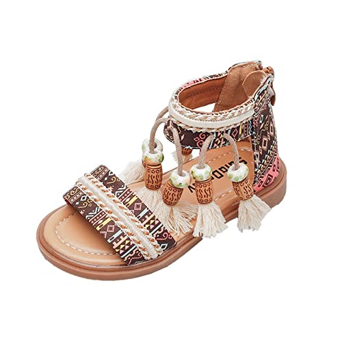 Girls Open Toe Sandals Fashion Tassel Ankle Strap Pumps Back Zip Summer Party Dress Shoes Toddler/Little Kid/Big Kid (Khaki, 2 Big Kids)