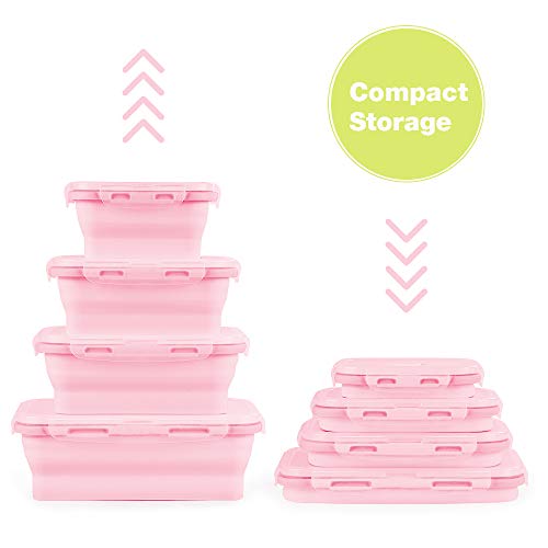 Virklyee® 4 Pcs Recipientes de Silicona Plegable Fiambrera de Silicona Plegable de Silicona Recipientes para Alimentos Contenedores de Almacenaje de Silicona Plegable Ahorro de Espacio