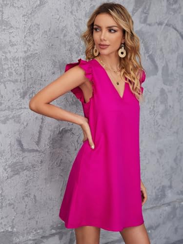 Floerns Women's Solid V Neck Ruffle Trim Cap Sleeve Summer Tunic Dress4