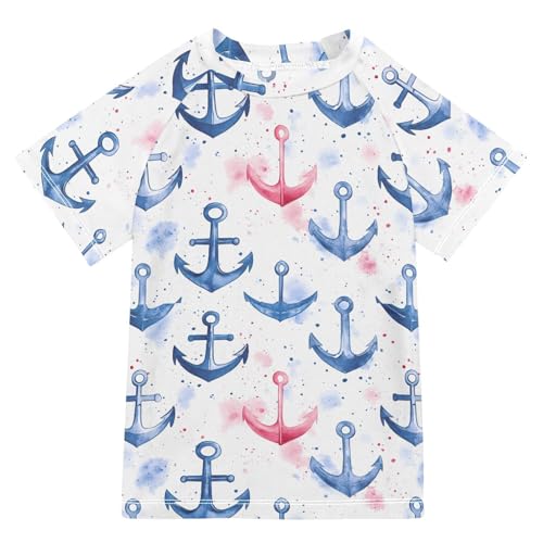 Kids Rash Guard Girls Boys Toddler Swim Shirts Short Sleeve Anchor Blue Watercolor UPF 50+ 3T