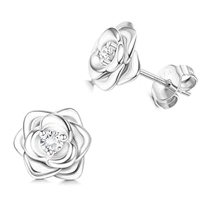 JeweBella Pequeñas Pendientes Flor de Plata de Ley 925 para Mujer Niña Hipoalergénicos Pendientes Rosa con 5A+Circonita Cúbica Pendientes Cartílago Plata/Oro/Oro Rosa/Negro Regalos de Joyería