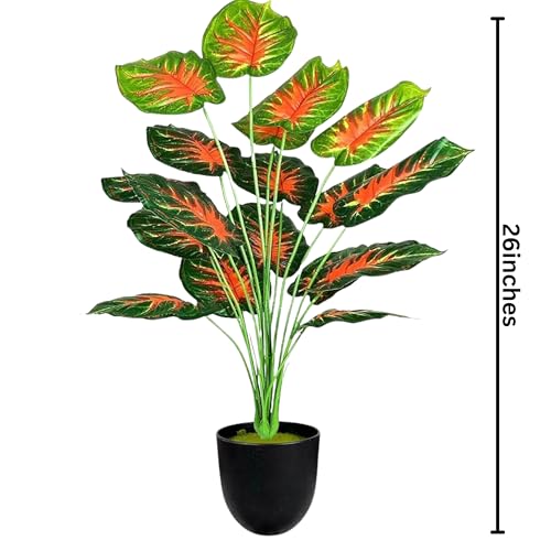 Image of Dekorly Artificial Palm Tree - Large Fake Tropical Floor Plant, Realistic Plastic Greenery for Indoor Home, Office, Living Room & Corner Decor (Green-RedLeaf)