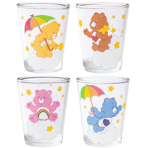 Image of Silver Buffalo Care Bears on Clouds Featuring Funshine, Tenderheart, Cheer, and Grumpy Bear 4 Pack Mini Glass Set, 1.5 Ounces