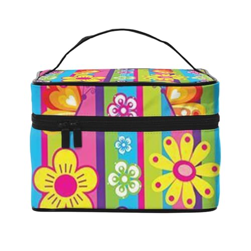 Beauty case organizer grande borsa da viaggio con stampa a nastro rosa con cerniera per donne e truccatori quadrata portatile Fiori e farfalle. Taglia unica