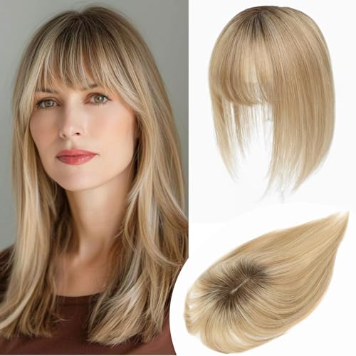Lasunork Parrucche per capelli da donna con capelli umani, con frangia, intrecciate a mano, base svizzera (biondo miele con radice marrone scuro)