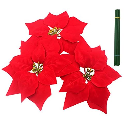 M2cbridge Artificial Christmas Flowers Red Velvet Poinsettia Floral Picks for Christmas Wreath Tree Ornaments (24pcs Red) Cover