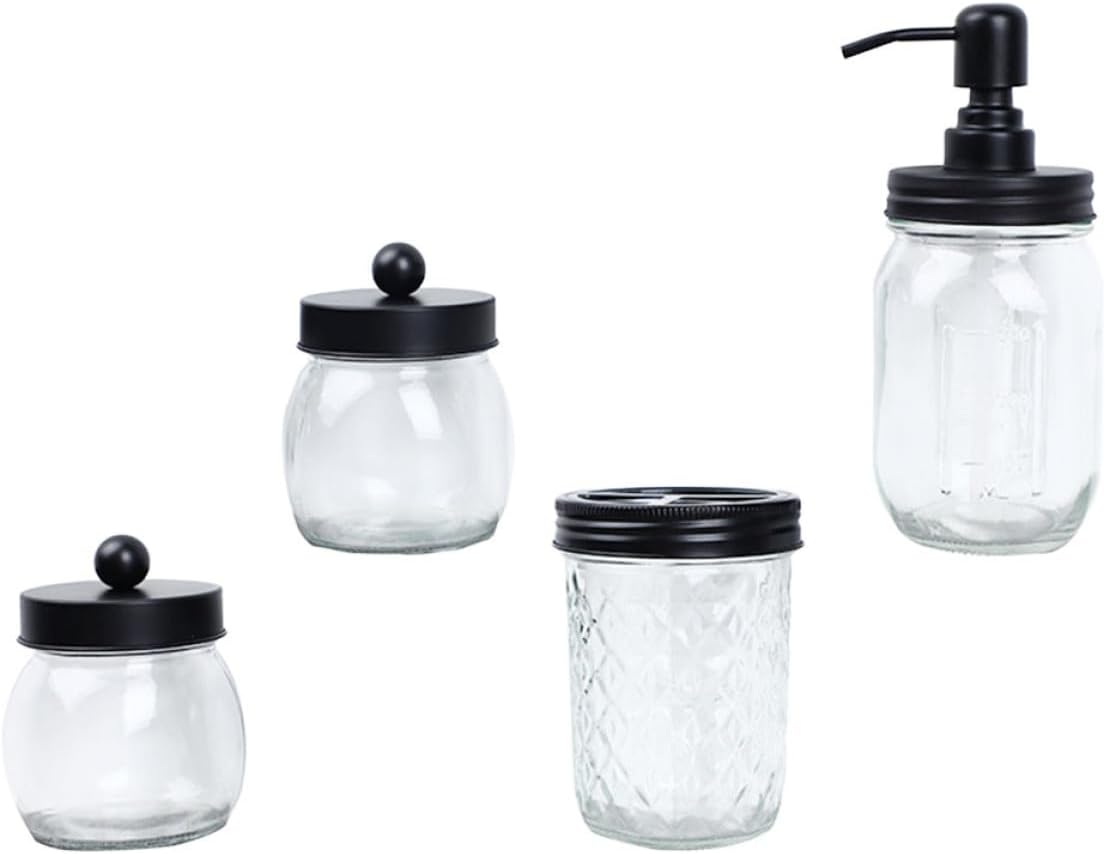 Glass Bathroom Accessory Set with Toothbrush Cup and Lotion Dispenser Bottle, Black Lid Mason Jar Style, Glass Swab Storage Jar for Home Personal Washing Use