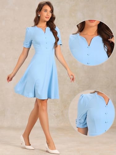 Image of Allegra K Formal Work Dress for Women's Puffy Sleeve A-Line V Neck Office Dresses