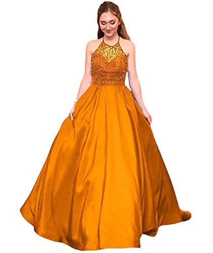 Women's Halter Beaded Halter Long Prom Dress Ball Gowns Satin Evening Party Formal Dress Gold US2