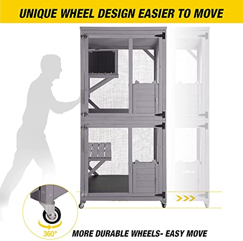 Aivituvin Cat House Outdoor Cat Catio Wooden Large Enclosure with Run on Wheels 70.9" Upgraded Version Catio with Reinforcement Strip,Waterproof Roof (Grey)