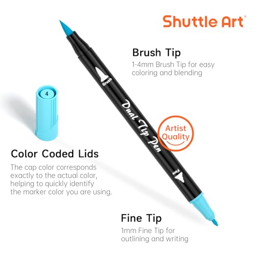 Image of Shuttle Art Pastel Brush Pens, 56 Pastel Colouring Pens, Dual Tip Brush Markers with Fineliner Tip, Drawing Felt Tip Pens for Adults Colouring Books, Painting Sketching Calligraphy and Journaling