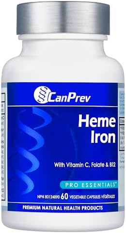 CanPrev Heme Iron 60 V-Caps, 60-Day Supply With Vitamin C, Folate & B12, Gentle, Easy-to-Absorb Iron Supplement for Women, Non-GMO, Gluten & Soy-Free, Supports Red Blood Cell Formation, Made in Canada