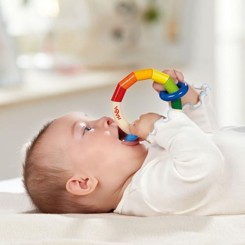 Image of HABA Wooden Rainbow Teething Rattle Toy for Babies 6-18 Months - Kringlering Wood Grasping Toy with Plastic Rings - Sensory Toys for Babies