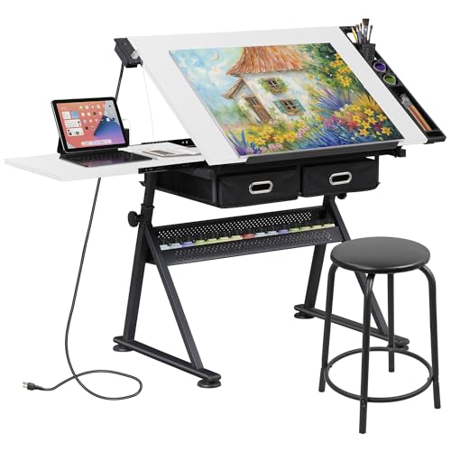 image for ZENY Adjustable Drafting Table with Stool, Tilting Drawing Desk Artist