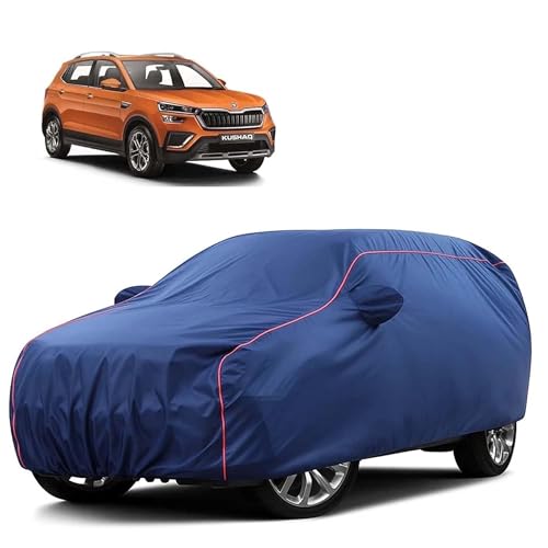 Image of Sulfar 100% Water Resistant Car Body Cover Compatible with Mirror for Skoda Kushaq (Triple Stitched, Full Bottom Elastic, Blue Tafetta with Red Piping)
