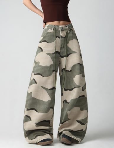 MaxOpen Camo Cargo Pants for Women Mid Waist Wide Leg Camouflage Army Fatigue Jean Y2k Hip Hop Baggy Trouser Streetwear Green — view 4
