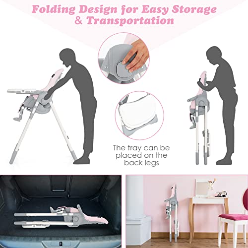 Infans High Chair For Babies & Toddlers, Foldable Highchair With Multiple Adjustable Backrest, Footrest And Seat Height, Removable Tray, Detachable Pu Leather Cushion, Built-In Rear Wheels (Pink) #TOP2