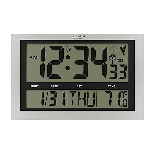 La Crosse Technology 513-1211 Atomic Wall Clock with Jumbo LCD Display with Indoor Temperature , Silver