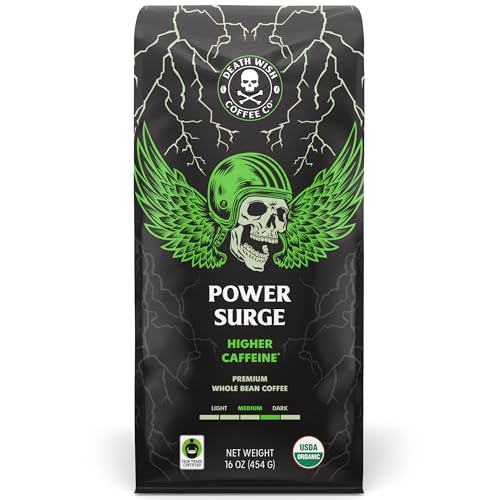 Image of Death Wish Coffee, Power Surge Whole Bean Coffee, Naturally Higher Caffeinated Coffee, Certified Fair Trade and Organic (16 oz)