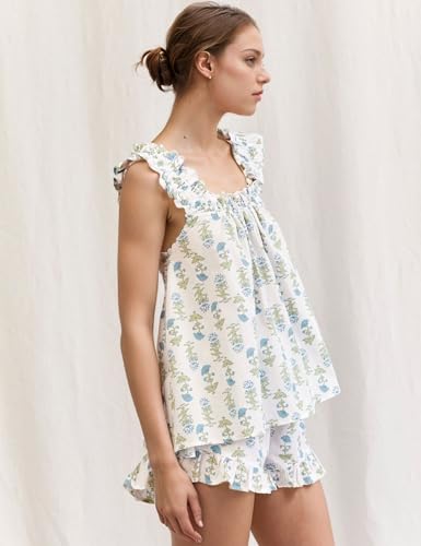 Flygo Floral Pajama Set for Women 2 Piece Lounge Set Ruffle Cami Top and Shorts Pj Set Sleepwear2