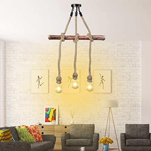 Lampadario vintage in corda di canapa a 3 teste sospese a sospensione lampada da soffitto E27 luce stile retrò lampadario a soppalco senza lampadina per sala da pranzo soggiorno corridoio bar