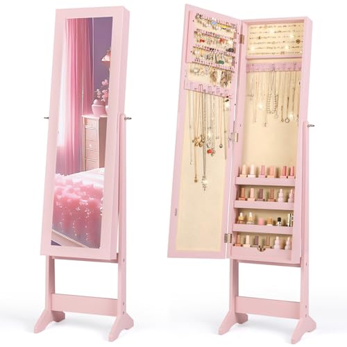 Giantex Jewelry Armoire with Full Length Mirror Freestanding Jewelry Organizer Cabinet with Ring Slots Earring Holders Necklace Hooks & Storage Shelves for Bedroom Black product thumbnail 14