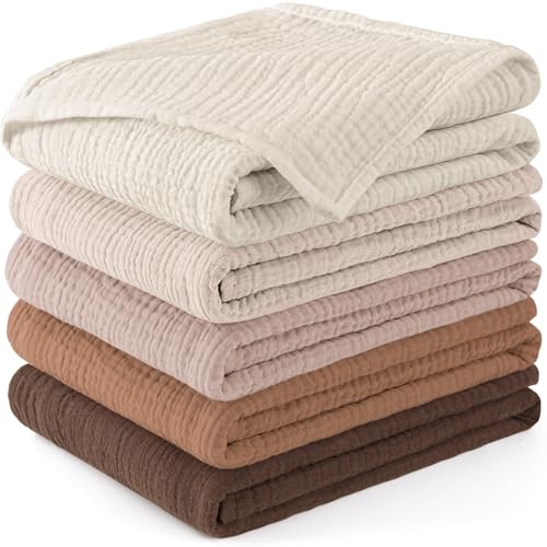 Susurration Langes Coton BéBé 60x60cm,Lot de 5 Mousseline de Coton Carrés de Mousseline Super Absorbant de Mousseline à Grain pour Unisexe Bébé Filles et Garçons (Brun)