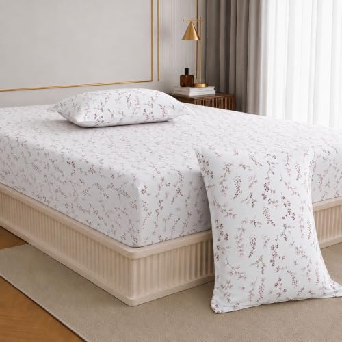 Image of Jaipur Weaves Queen Size Fitted Bedsheet Cotton with Elastic, 100% Pure Cotton Double Bed Fitted Sheet with 2 Pillow Covers, 240 TC, 60x78 Inches up to 8-inch Mattress, Floral Design - (Tulips Pink)