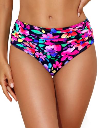 Image of Women Mid Rise Bikini Bottoms Full Coverage Ruched Scrunch Swim Bottom 2026 | Full Lining, Shirred, Mid Waist, Tummy Control, Scrunch Butt