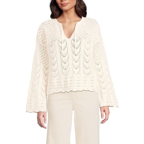 Lands' End Women's Cotton Boucle Pointelle Notch Neck Sweater