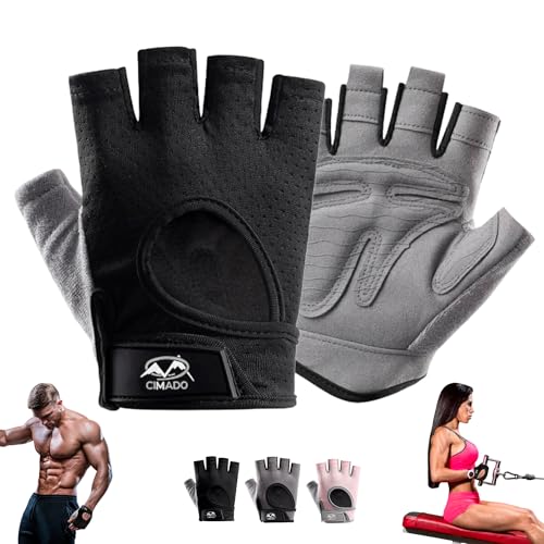 CIMADO® Guantes Gimnasio | Guantes Crossfit para Mujer y Hombre, Transpirables, Antideslizantes y Acolchados. Color Negro. Talla L.