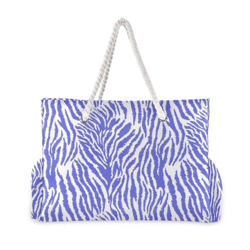 JUNZAN Zebra Print Blue Beach Tote Bag with Handles Swim Pool Bag Beach Totes Bags for Women with Waterproof Pockets3