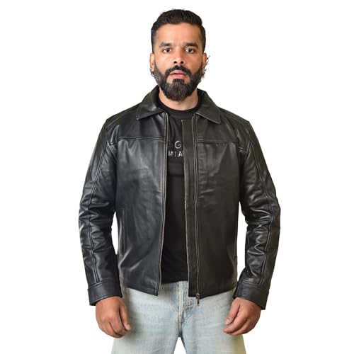 Image of Body Guard Men's Genuine Leather Jacket - Black Motorcycle Riding Jacket with Front Zipper, Shirt Collar & Two Pockets | Stylish Winter Wear for Bikers & Casual Outfits