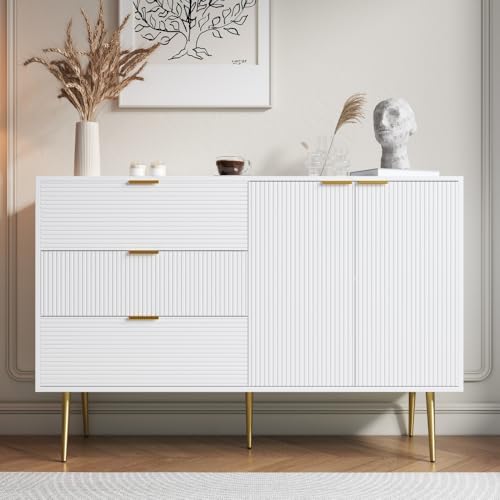 Muskel Aparador escandinavo con espacio de almacenamiento, 140 cm, con patas doradas, con puertas y cajones, diseño moderno, para salón, comedor, pasillo (blanco, 120 cm)