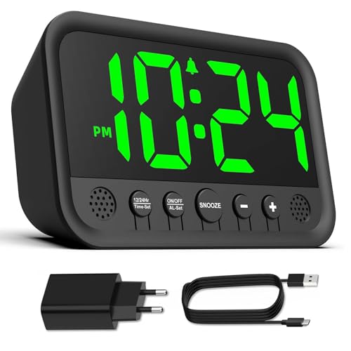 Azyh - Sveglia digitale con display LED verde per camera da letto, sveglia ad alto volume per chi ha un sonno pesante, orologio da tavolo elettrico con USB-A a Type-C, volume, luminosità e snooze