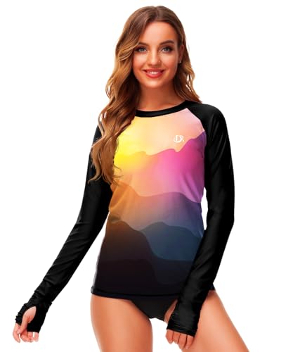 Image of Deerose Womens Gradient Rash Guard UPF 50+ Swim Shirts Surfing Top with Thumb Hole